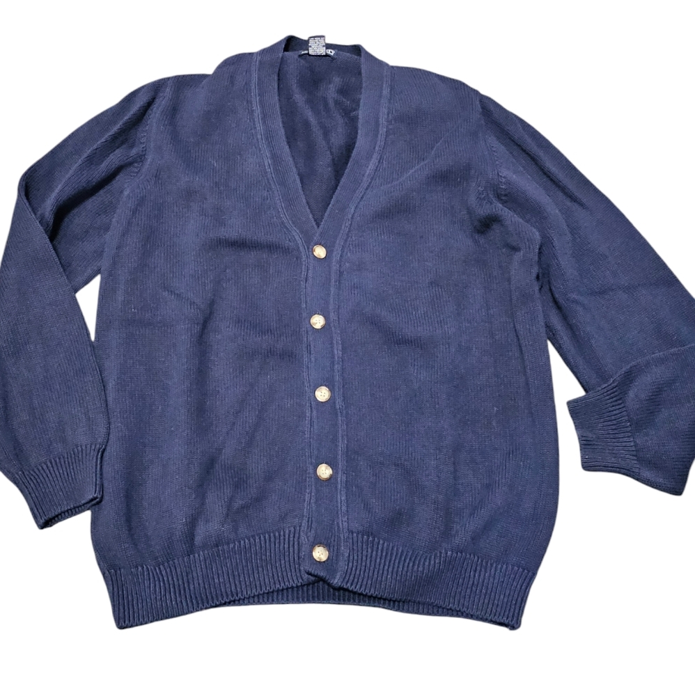 Land's End Knit Cardigan; Large, NavyBlue, Men's MADE IN USA cotton grandpa